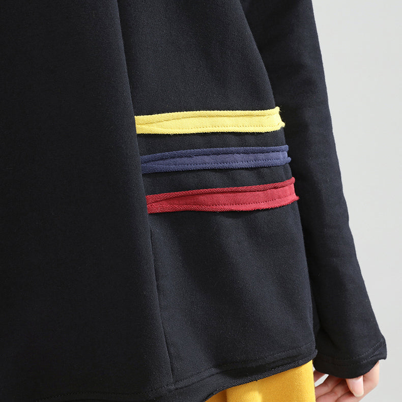 schwarzer Patchwork-Oversize-Baumwollpullover, lässige Mode-Tops
