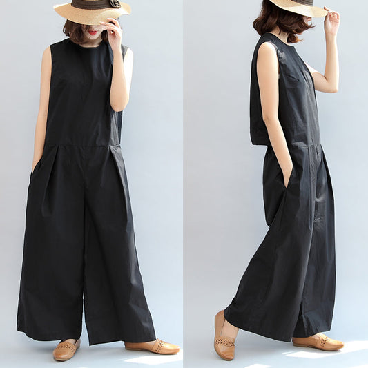 schwarze stylische Leinenhosen, lässige ärmellose Oberteile und lockere Jumpsuit-Hosen