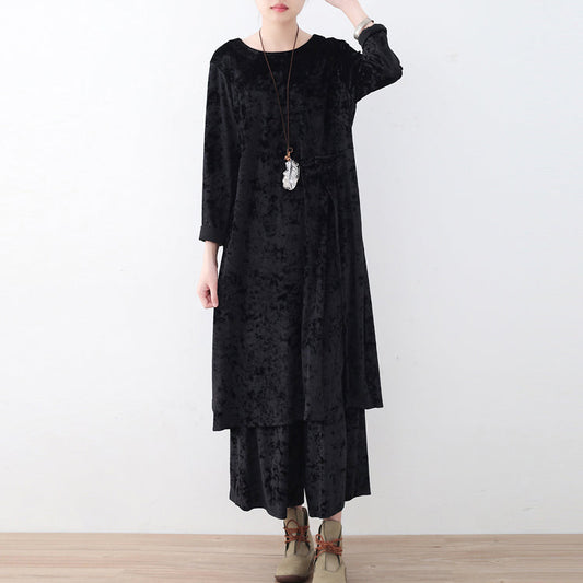 schwarzer zweiteiliger Herbst-Oversize-Cordpullover mit gemütlicher Hose mit weitem Bein