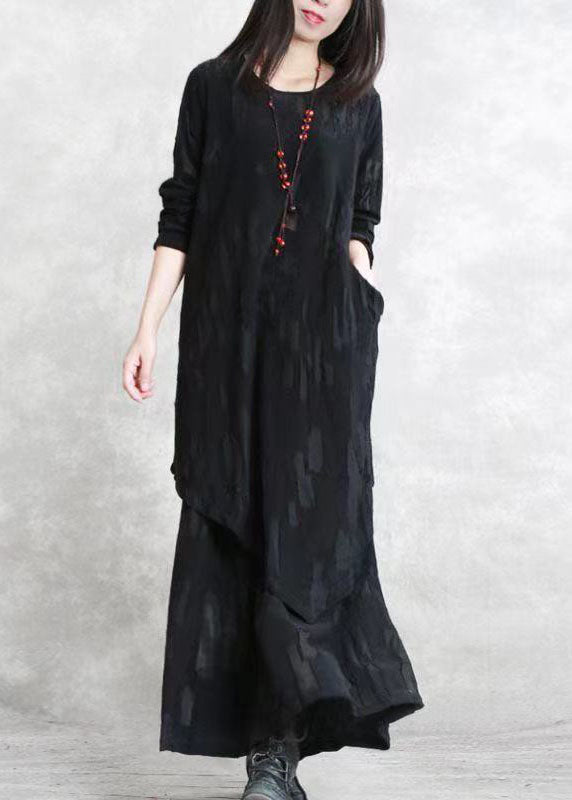 Feiner dunkelgrauer Jacquard aus reiner Baumwollmischung, zweiteilig, trendig, neue Langarmtaschen, O-Ausschnitt, asymmetrisches Design und Baggy-Hosen