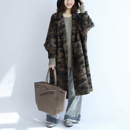 schwärzlich-grüne Camouflage lässige Woll-Cardigans Oversize-Taschen Langarm-Trenchcoats