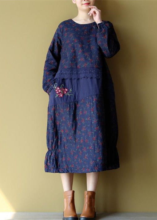 blaue florale Baumwoll-warme Kleider in Übergröße, Stickerei, Leinen, lässige Langarm-Patchwork-Kleider
