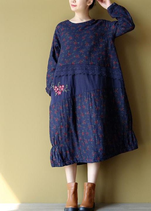 blaue florale Baumwoll-warme Kleider in Übergröße, Stickerei, Leinen, lässige Langarm-Patchwork-Kleider