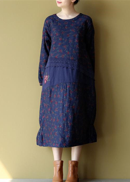 blaue florale Baumwoll-warme Kleider in Übergröße, Stickerei, Leinen, lässige Langarm-Patchwork-Kleider
