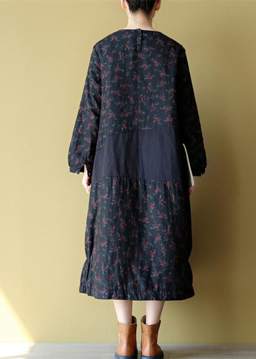 blaue florale Baumwoll-warme Kleider in Übergröße, Stickerei, Leinen, lässige Langarm-Patchwork-Kleider