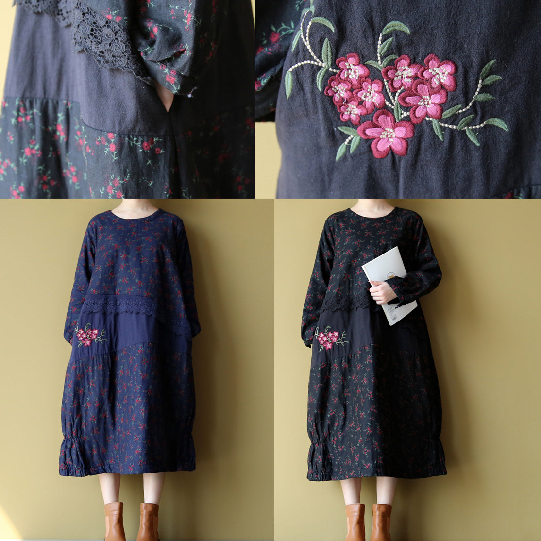 blaue florale Baumwoll-warme Kleider in Übergröße, Stickerei, Leinen, lässige Langarm-Patchwork-Kleider