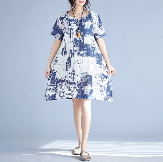 blaues Leinen-Kniekleid Locker sitzendes Leinenkleid Feindrucke O-Ausschnitt Kurzarm-Leinenkleider