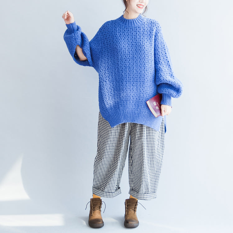 blau stylische lässige Baumwoll-Strickoberteile Oversize Herbst 2024 warmer Pullover