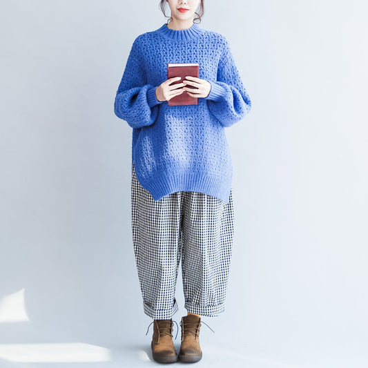 blau stylische lässige Baumwoll-Strickoberteile Oversize Herbst 2024 warmer Pullover