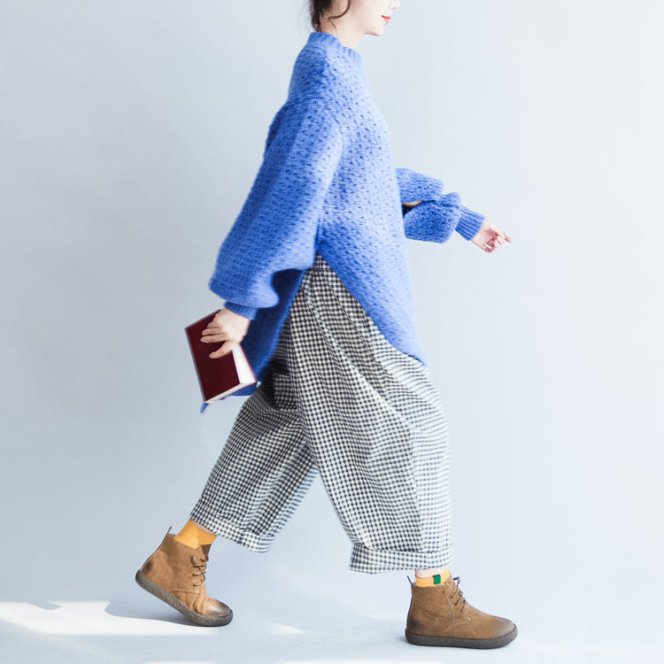 blau stylische lässige Baumwoll-Strickoberteile Oversize Herbst 2024 warmer Pullover