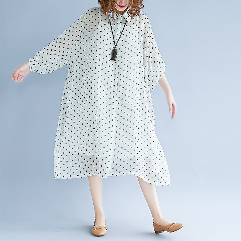 Weiße Maxikleider im Bohème-Stil, Umlegekragen, langärmliges Ballkleid, gepunktetes Baggy-Kleid, Maxikleid