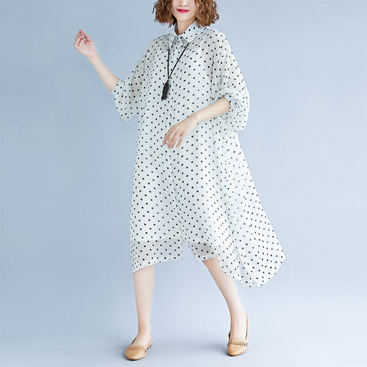 Weiße Maxikleider im Bohème-Stil, Umlegekragen, langärmliges Ballkleid, gepunktetes Baggy-Kleid, Maxikleid