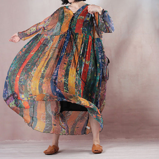 Gelbes Seiden-Sommerkleid im Boho-Stil mit V-Ausschnitt, langen Ärmeln, langes Kleid mit Blumenmuster, extra großer Saum, Sommer-Maxikleid