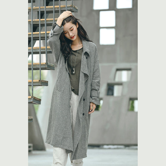 Boutique-Karierter Mantel in Übergröße, Maxi-Mantel mit gekerbter Taille und Bindegürtel, neuer langer Zweireiher-Mantel