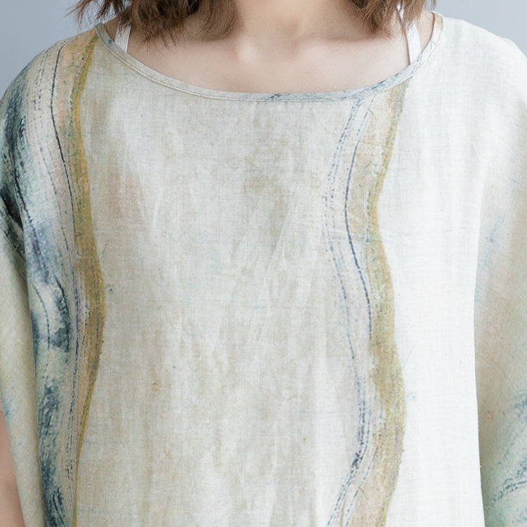 Boutique-Kleid aus beigefarbenem Baumwoll-Leinen, lässig, O-Ausschnitt, Baggy-Kleider, Baumwoll-Leinen-Kleider 2018, Fledermausärmel, extra großer Saum