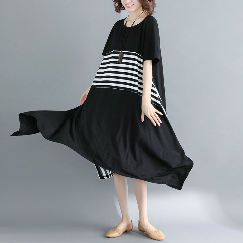 Boutique schwarzes Kniekleid aus Baumwolle Locker sitzende Baumwollkleidung Kleider feine Kurzarm O-Ausschnitt asymmetrisches Design Kniekleider