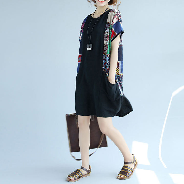 Boutique schwarzes Etuikleid aus Baumwolle trendiges Freizeitkleid in Übergröße lässige Patchwork-Kniekleider mit großen Taschen