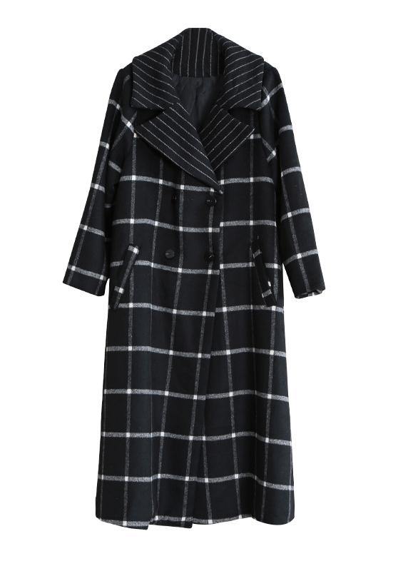 boutique black plaid wool coat for woman Loose fitting Notched tie waist Winter coat - SooLinen