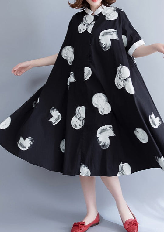 Boutique Schwarzes Print-Kleid aus reinem Chiffon, Oversize-Chiffon-Kleidung, feines Chiffon-Hemdkleid mit großem Saum und Reverskragen