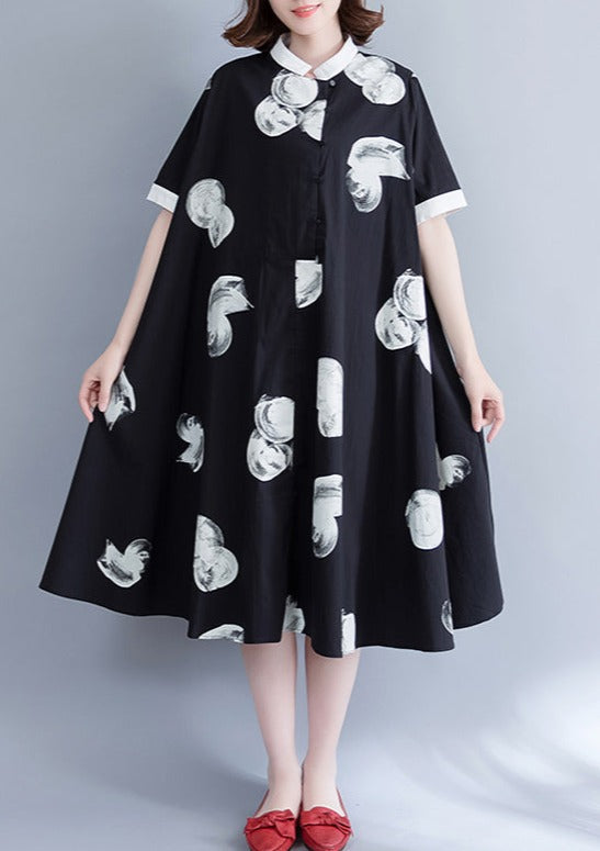 Boutique Schwarzes Print-Kleid aus reinem Chiffon, Oversize-Chiffon-Kleidung, feines Chiffon-Hemdkleid mit großem Saum und Reverskragen