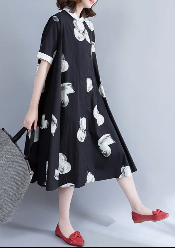 Boutique Schwarzes Print-Kleid aus reinem Chiffon, Oversize-Chiffon-Kleidung, feines Chiffon-Hemdkleid mit großem Saum und Reverskragen