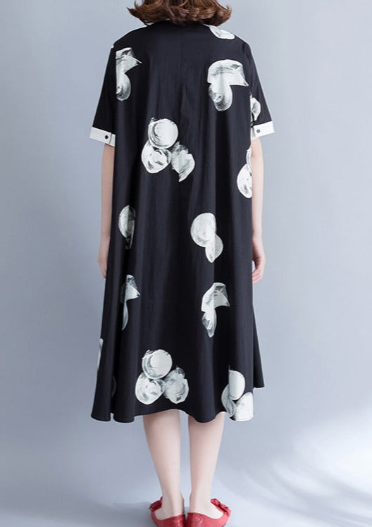 Boutique Schwarzes Print-Kleid aus reinem Chiffon, Oversize-Chiffon-Kleidung, feines Chiffon-Hemdkleid mit großem Saum und Reverskragen