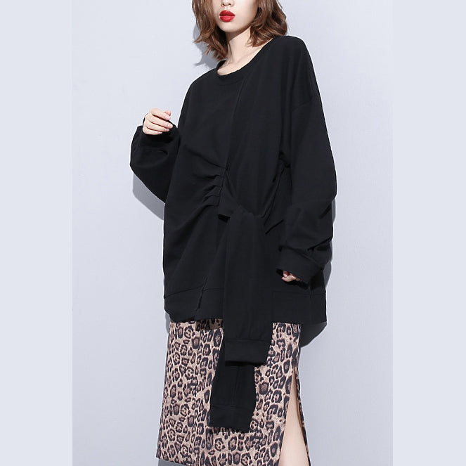 Boutique schwarz t-shirt plus größe kleidung O neck Cinched t shirts Neue krawatte taille asymmetrische natürliche pullover