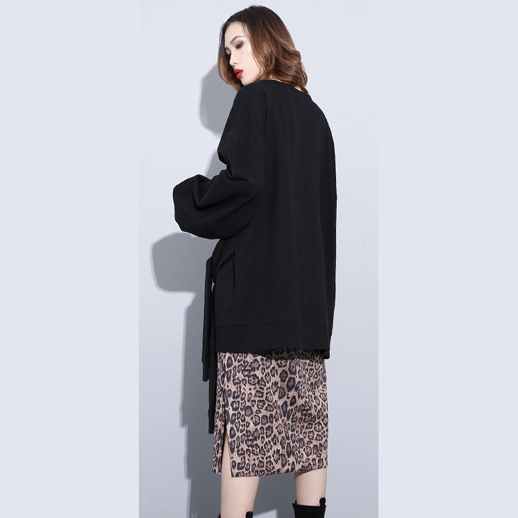 Boutique schwarz t-shirt plus größe kleidung O neck Cinched t shirts Neue krawatte taille asymmetrische natürliche pullover