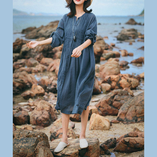 Boutique blaugraue Leinenkaftane Locker sitzendes O-Ausschnitt-Leinenkleidungskleid feine Dreiviertelärmel große Saumkleider
