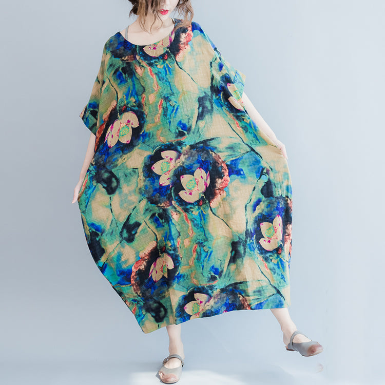 Boutique blaue Drucke lange Leinenkleider Locker sitzendes Leinenkleid mit O-Ausschnitt für Damen Kurzarm-Leinenkaftane