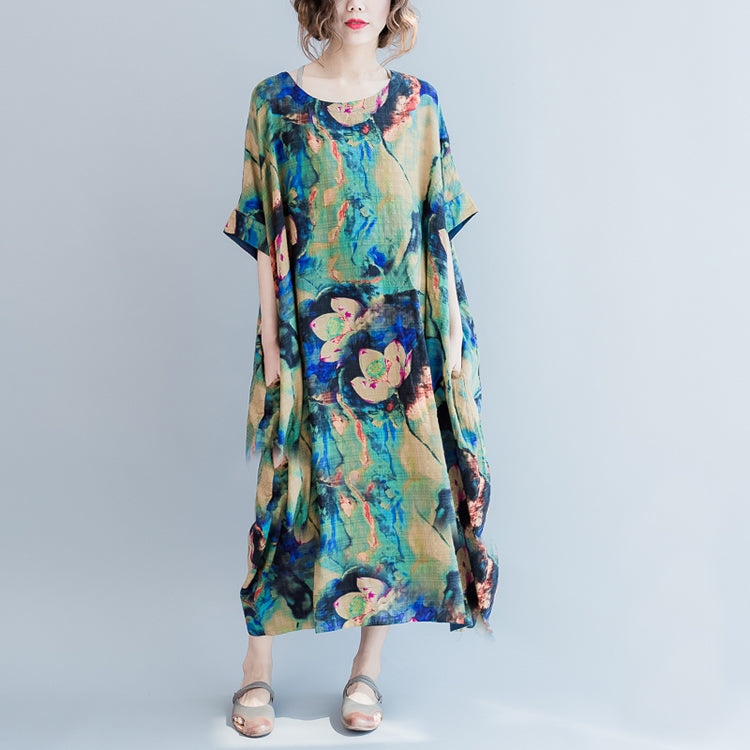 Boutique blaue Drucke lange Leinenkleider Locker sitzendes Leinenkleid mit O-Ausschnitt für Damen Kurzarm-Leinenkaftane