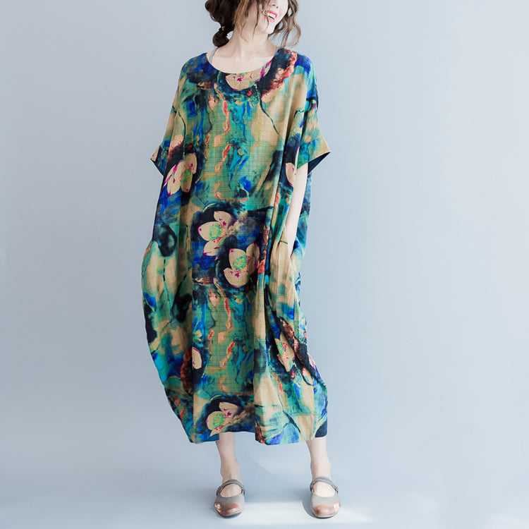 Boutique blaue Drucke lange Leinenkleider Locker sitzendes Leinenkleid mit O-Ausschnitt für Damen Kurzarm-Leinenkaftane
