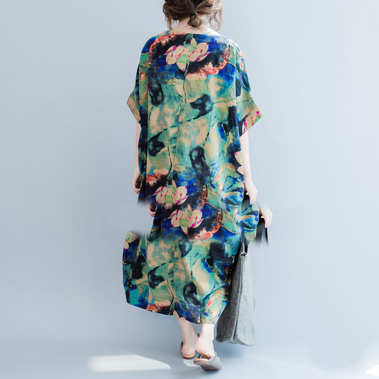 Boutique blaue Drucke lange Leinenkleider Locker sitzendes Leinenkleid mit O-Ausschnitt für Damen Kurzarm-Leinenkaftane