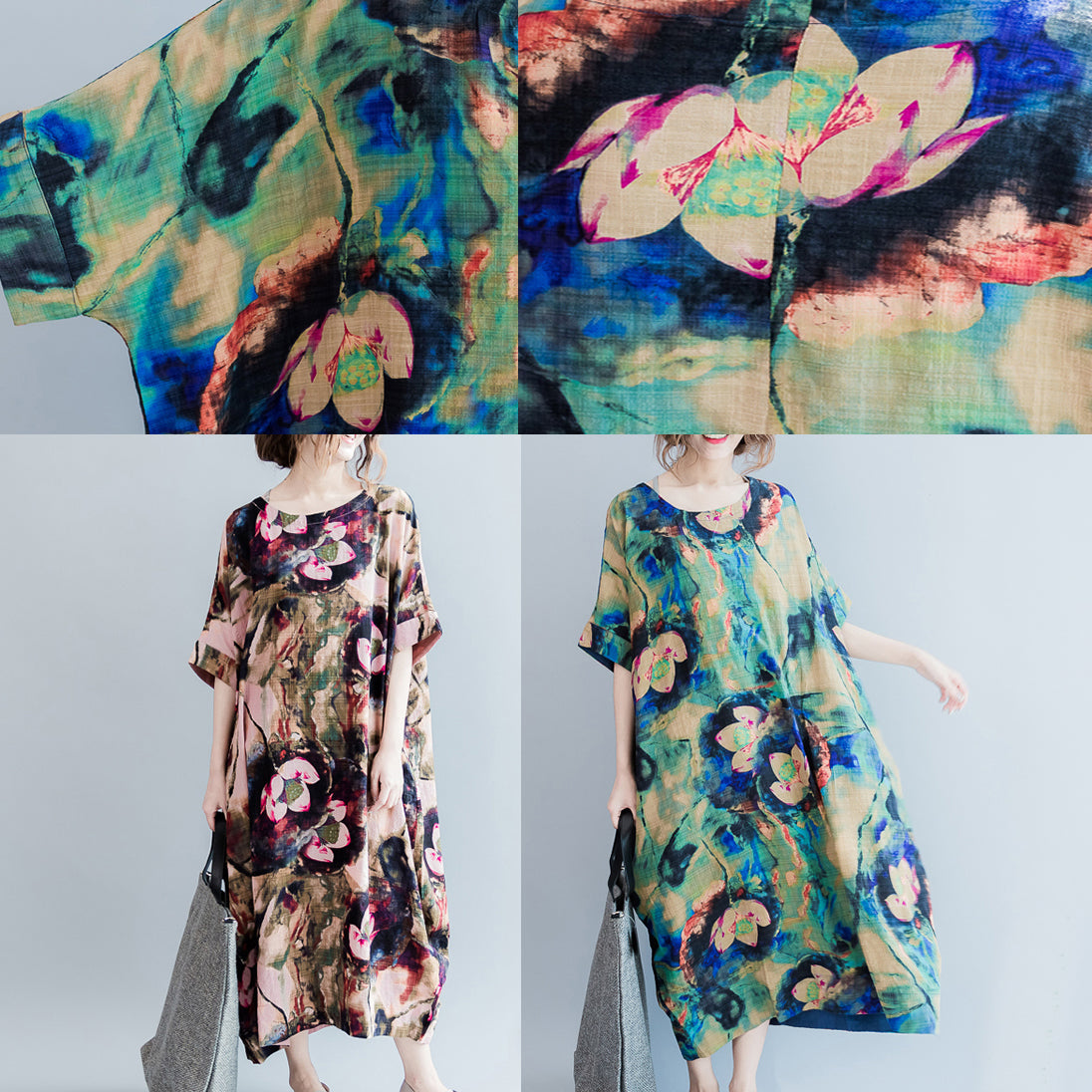 Boutique blaue Drucke lange Leinenkleider Locker sitzendes Leinenkleid mit O-Ausschnitt für Damen Kurzarm-Leinenkaftane