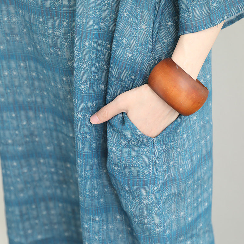 Boutique-blaue Kleider aus reinem Leinen, trendiges Maxikleid aus Leinen in Übergröße, elegante Leinenkleider mit Rundhalsausschnitt und ausgestellten Ärmeln