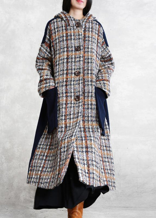 boutique casual long winter coat blue plaid patchwork hooded wool overcoat - SooLinen