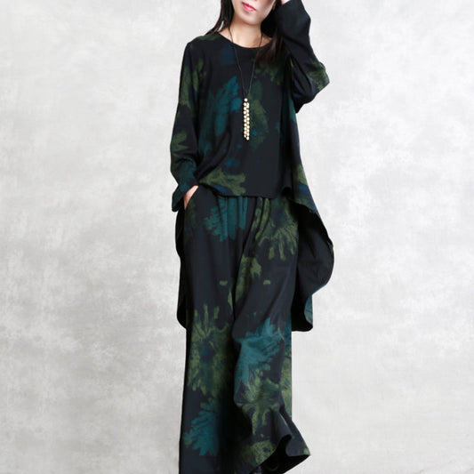 Boutique-Zweiteiler aus floralem Baumwollgemisch, übergroße Maxi-T-Shirts, feine, langärmlige, asymmetrische Oberteile mit Rundhalsausschnitt und Taschen, Baggy-Hose aus Baumwollgemisch