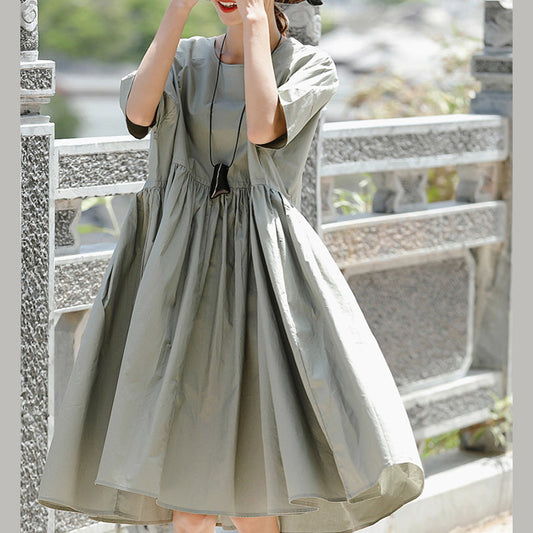 Boutique grau baumwolle casual urlaub kleider Neue kurzarm Cinched O neck baggy kleider