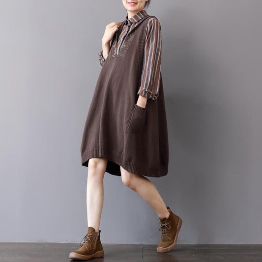 Boutique-Khaki-Strickkleid Herbstmode ärmellose Winterkleider 2018 mit Kapuze Frühlingskleider