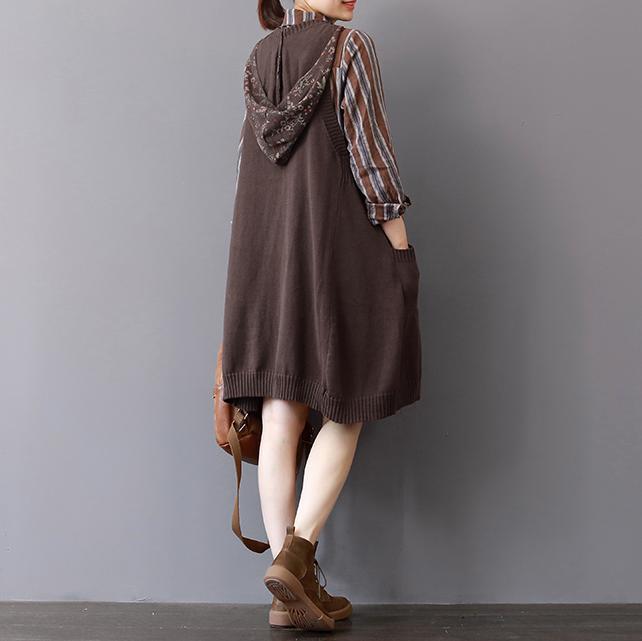 Boutique-Khaki-Strickkleid Herbstmode ärmellose Winterkleider 2018 mit Kapuze Frühlingskleider