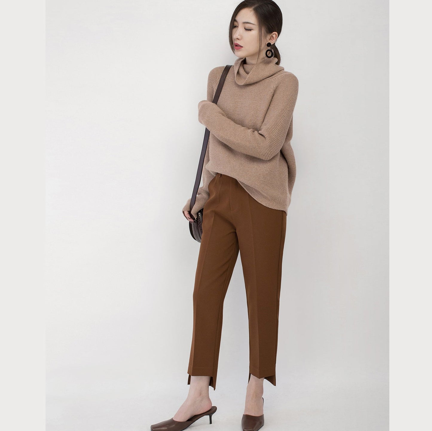 Boutique-Strickpullover in Khaki, Pullover mit hohem Kragen in Übergröße, feines Baggy-Oberteil