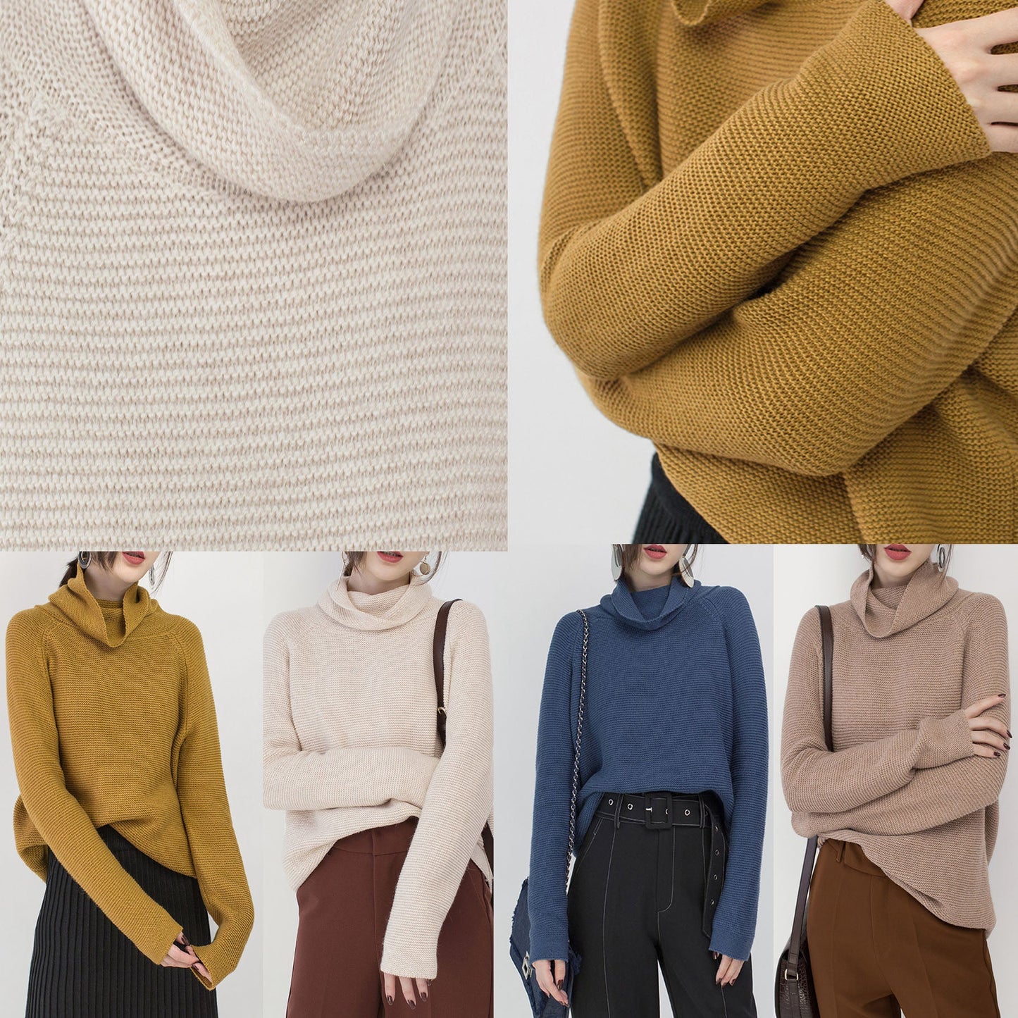Boutique-Strickpullover in Khaki, Pullover mit hohem Kragen in Übergröße, feines Baggy-Oberteil