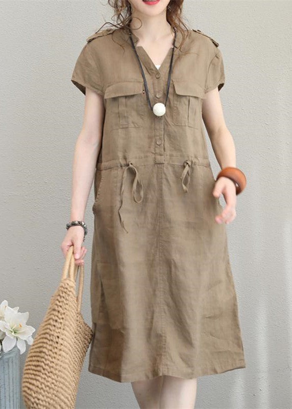 Boutique-Leinenkleider in Khaki, Leinenkleider in Übergröße, elegantes Midikleid mit V-Ausschnitt und Kordelzug