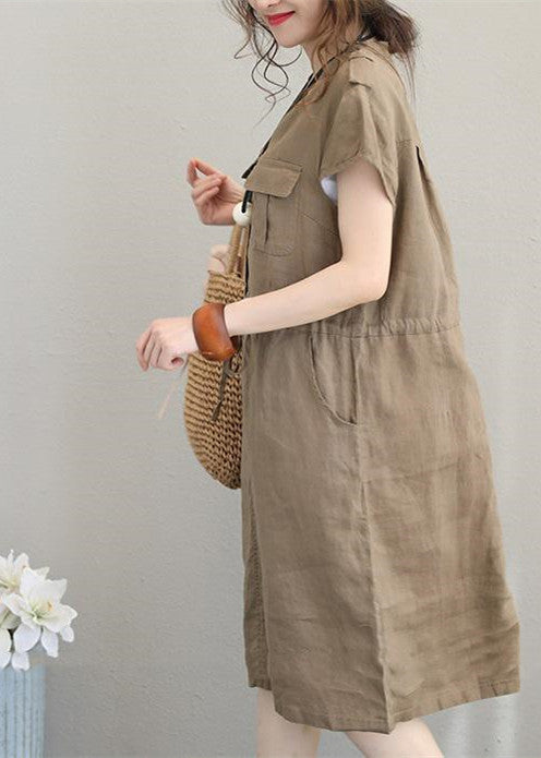 Boutique-Leinenkleider in Khaki, Leinenkleider in Übergröße, elegantes Midikleid mit V-Ausschnitt und Kordelzug
