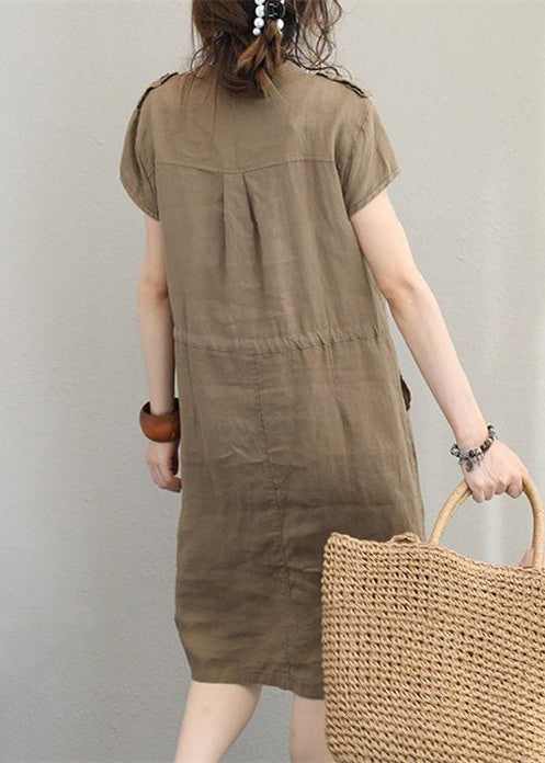 Boutique-Leinenkleider in Khaki, Leinenkleider in Übergröße, elegantes Midikleid mit V-Ausschnitt und Kordelzug