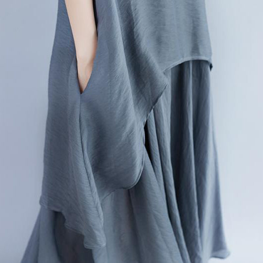 Boutique Leinenkleider Übergröße Lässiges Kurzarmkleid mit grauen Taschen und Fake-Zweiteiler