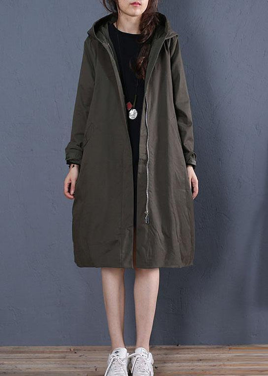 boutique oversized mid-length coats fall coat gray green hooded zippered coat - SooLinen