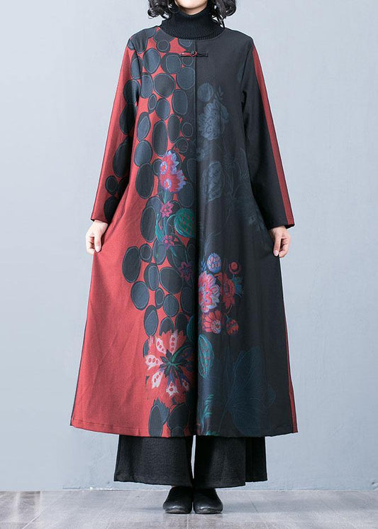 boutique oversized red maxi coat fall trench coats prints o neck Chinese Button outwear - SooLinen