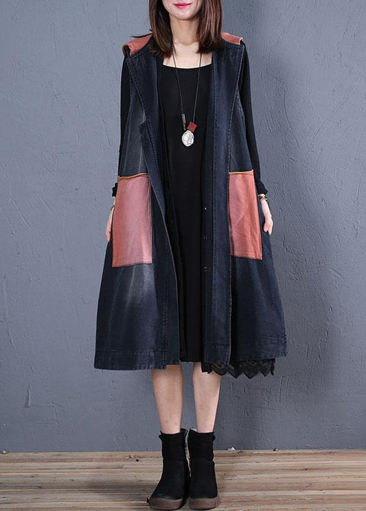 boutique plus size trench coat black patchwork hooded sleeveless jackets - SooLinen