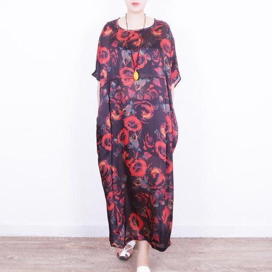 Boutique red floral silk kleid oversize patchwork reisen kleidung Neue o neck chiffon kleid